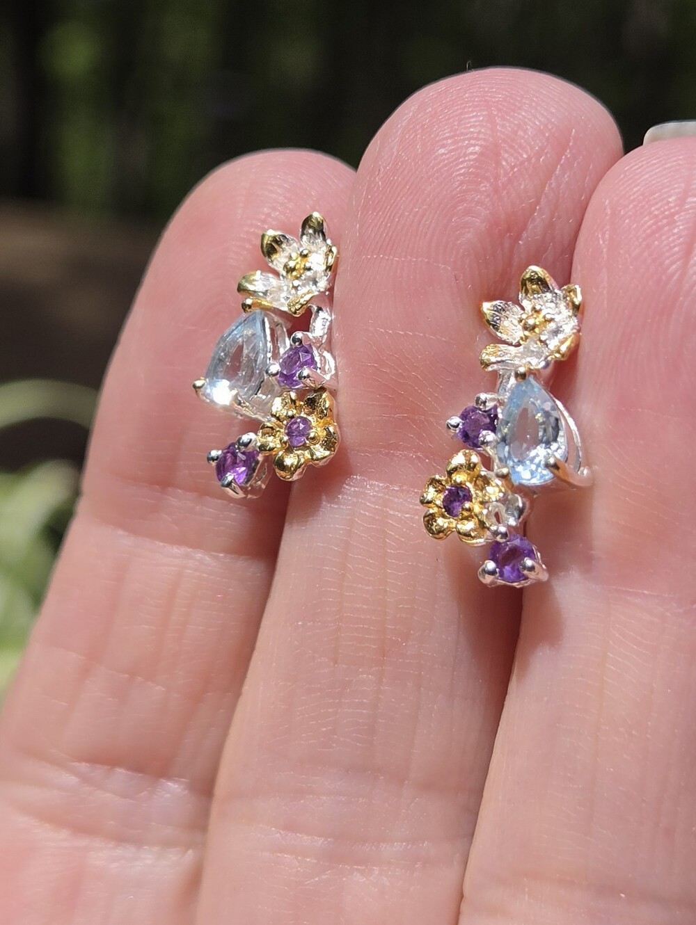 Blue Topaz & Amethyst Natural Floral Sterling & Gold Earrings - Picture 5 of 9
